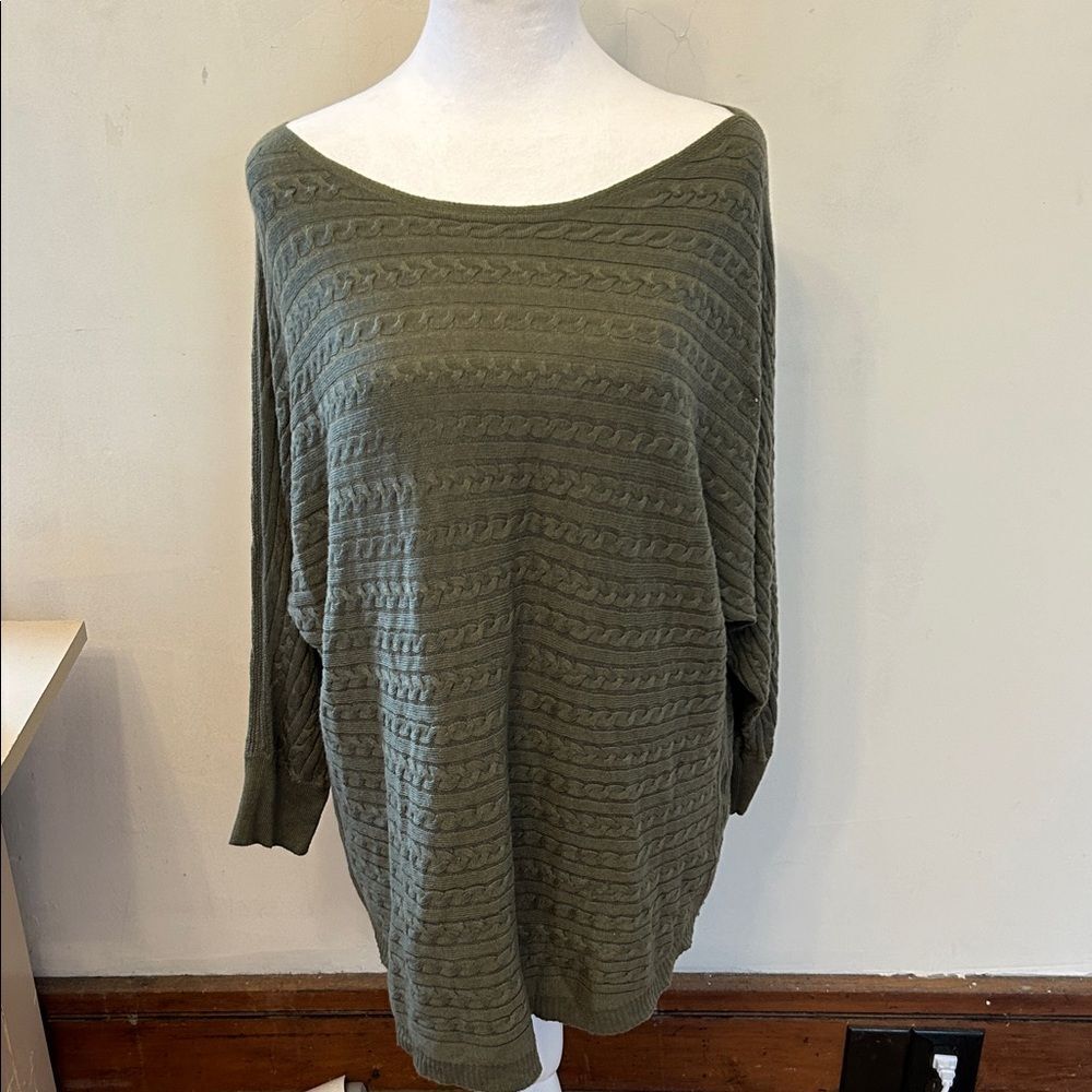Market & Spruce cable knit boatneck green sweater Size XL EUC